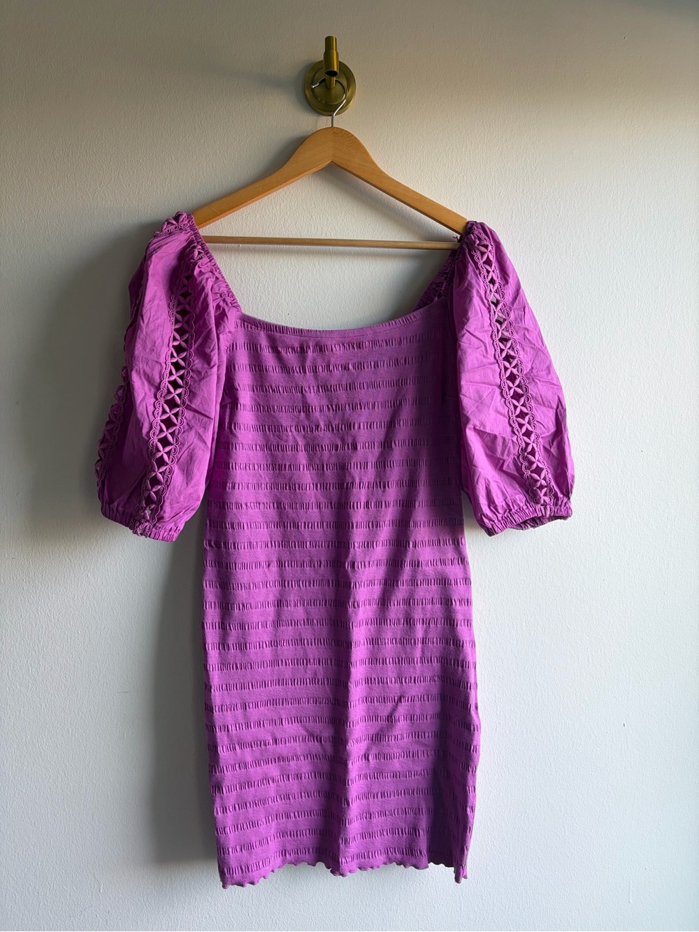 Betsey Johnson Purple Eyelet Puff-Sleeve Mini Dress